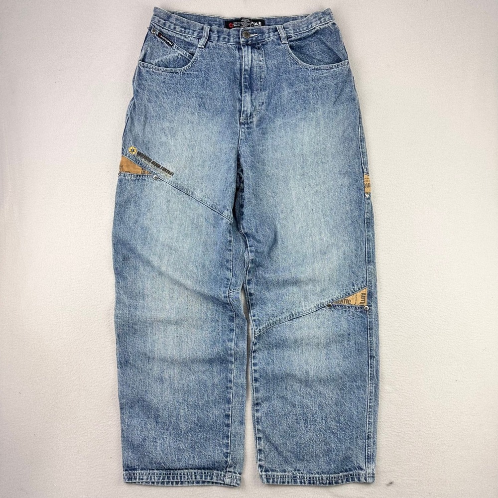 Vintage Southpole Jeans Men 34 Blue Faded Baggy Y2K Hip Hop Denim Patchwork